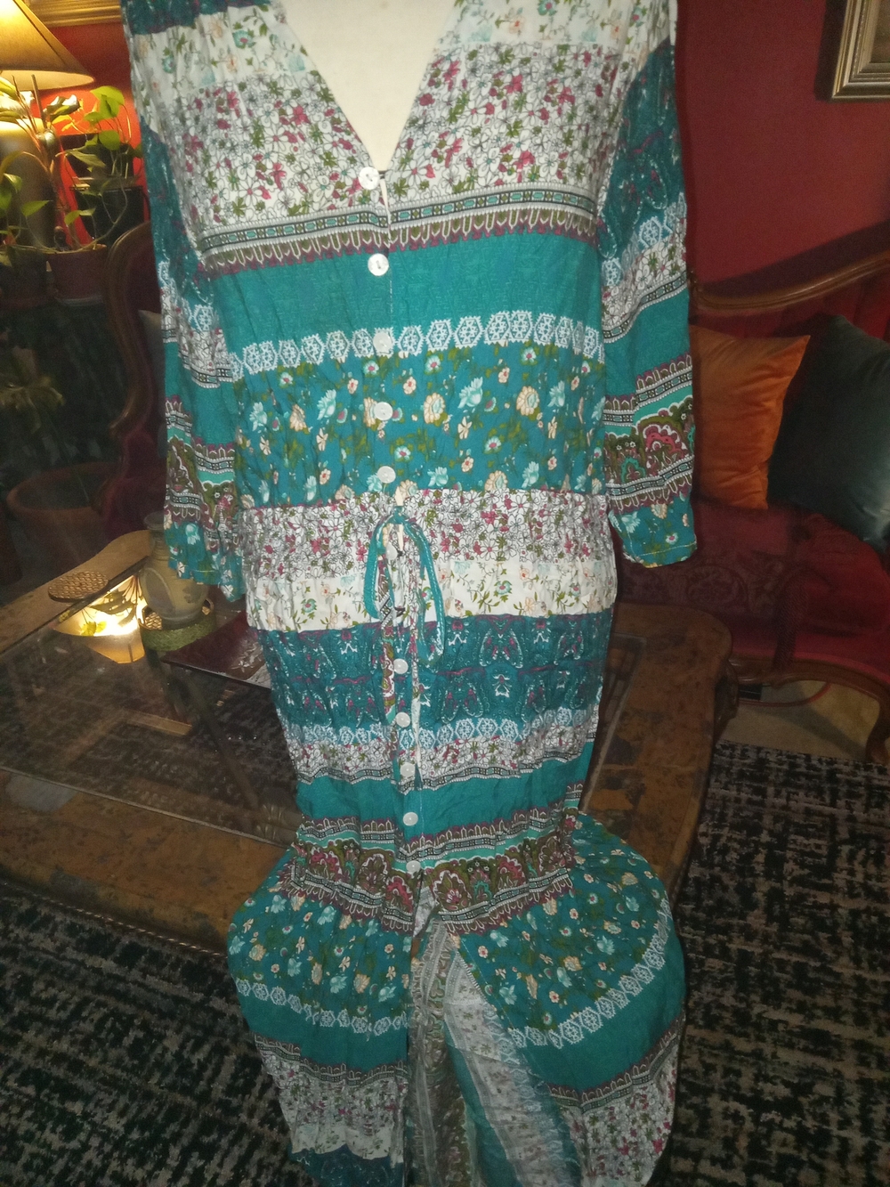 Teal Floral Button-Front Women's Dress with Drawstring Waist